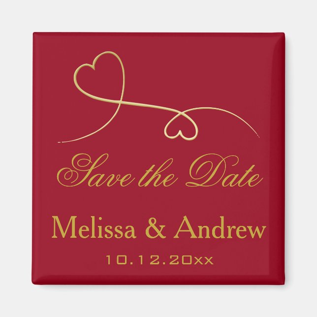 Save the Date  Two Elegant Gold Hearts Red Wedding Magnet (Front)