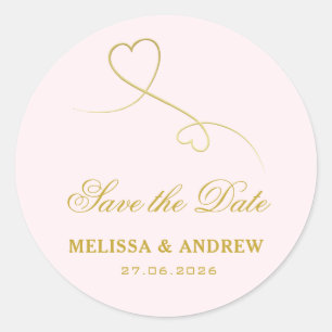 Save the Date   Two Gold Hearts Blush Pink Wedding Classic Round Sticker