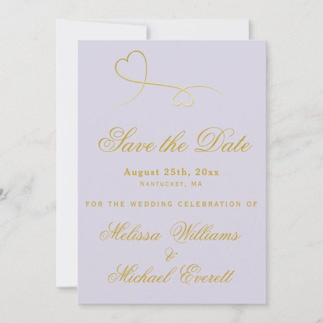 Save the Date | Two Gold Hearts Lavender Wedding (Front)