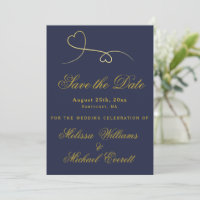 Save the Date | Two Gold Hearts Navy Blue Wedding