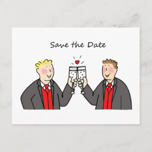 Save the date , two grooms in matching outfits, announcement postcard