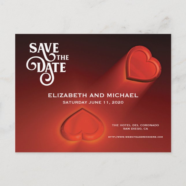 Save The Date, Two Hearts Red Postcard (Front)