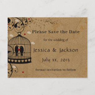 Save the Date Two Love Birds Birdcage  Hearts  Announcement Postcard