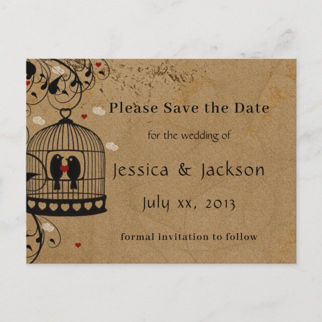 Save the Date Two Love Birds Birdcage  Hearts  Announcement Postcard (Front)