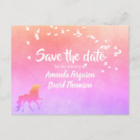 Save the date unicorn rainbow colours wedding