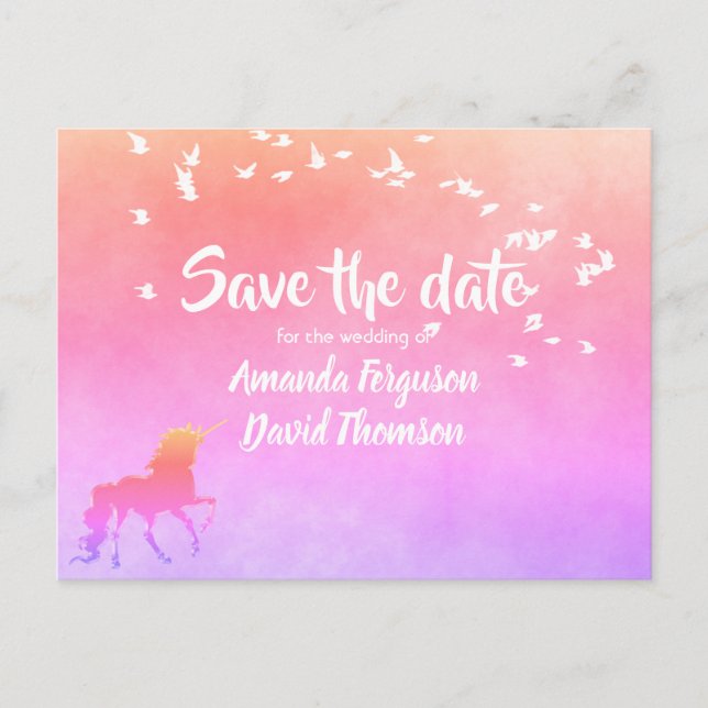 Save the date unicorn rainbow colours wedding announcement postcard (Front)