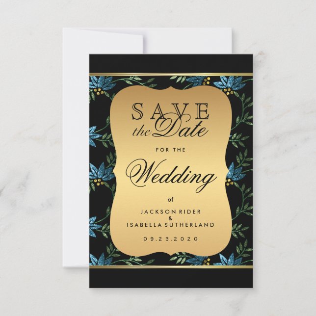 Save the Date  Victorian Blue Glitter Floral (Front)