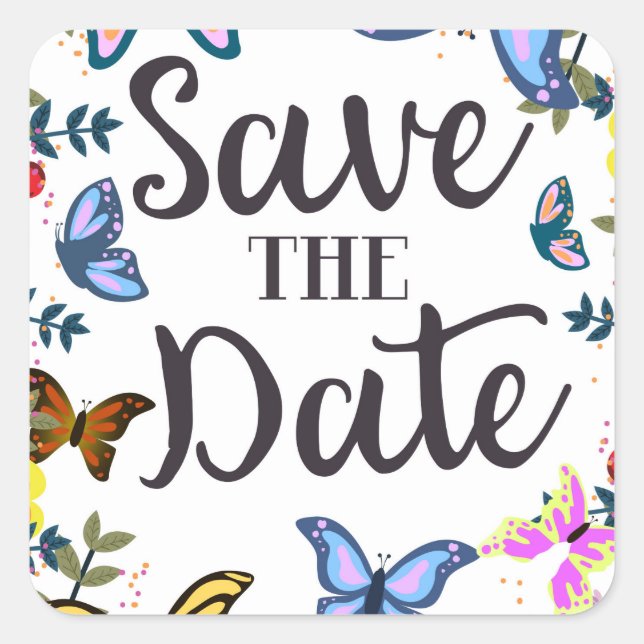 Save the Date Vintage Butterflies. Square Sticker (Front)