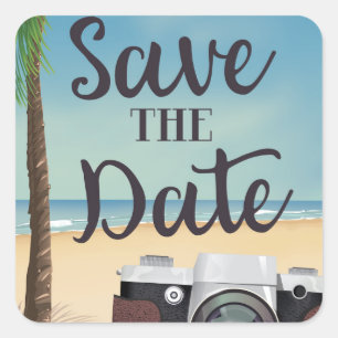Save the date vintage Camera and Beach Square Sticker