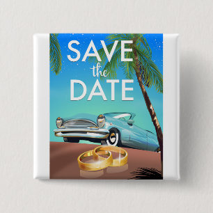 Save the Date vintage car and wedding rings. 15 Cm Square Badge