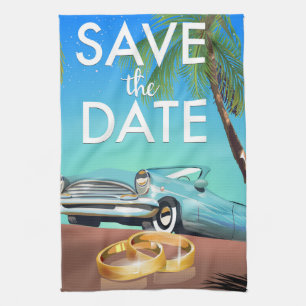 Save the Date vintage car and wedding rings. Tea Towel