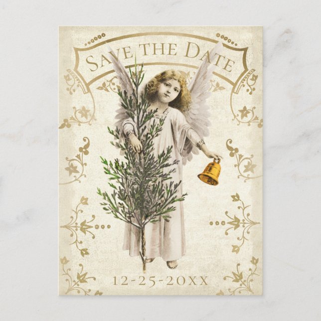 Save The Date Vintage Christmas Angel Postcard (Front)