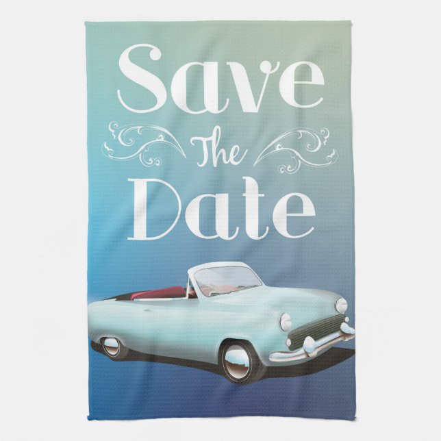 Save the Date Vintage Classic Car Tea Towel (Vertical)