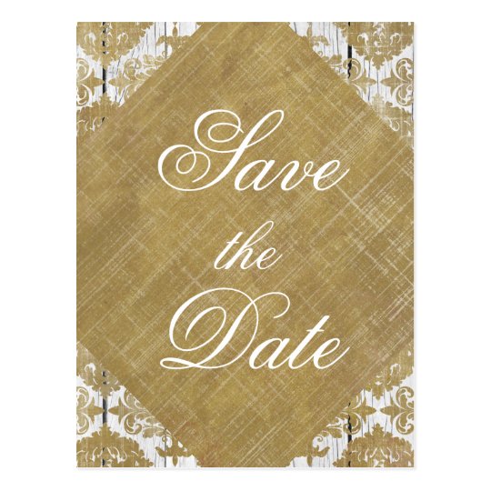 Save the Date Vintage Gold Damask and Wood Postcard