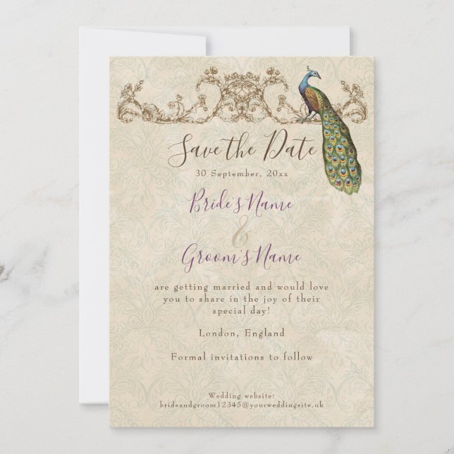 Save the Date, Vintage Peacock & Etchings Wedding Invitation (Front)