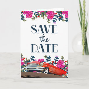 Save The Date Vintage Red Car Holiday Card