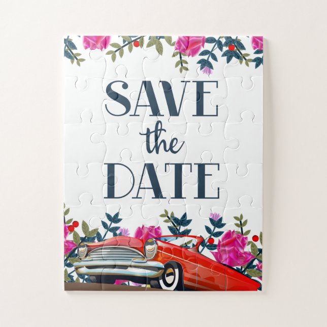Save The Date Vintage Red Car Jigsaw Puzzle (Vertical)