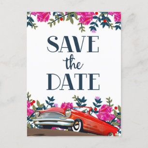 Save The Date Vintage Red Car Postcard