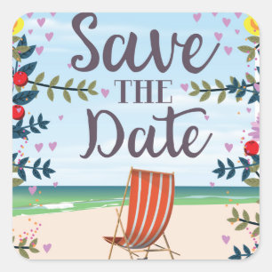 Save The Date Vintage Vintage Beach and Deckchair Square Sticker