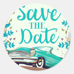 Save The Date Vintage Vintage Classic Car. Round Sticker
