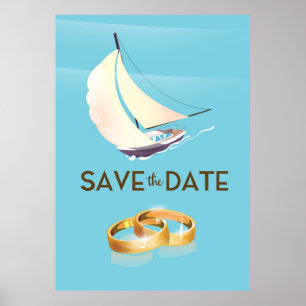 Save the Date vintage yacht and wedding rings Poster