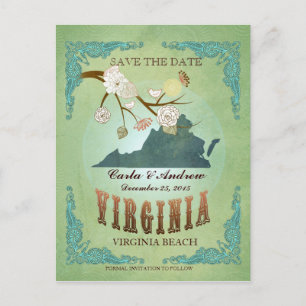 Save The Date - Virginia Map With Lovely Birds Announcement Postcard