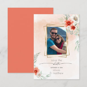 Save the Date Watercolor Coral Flower Photo Frame Invitation