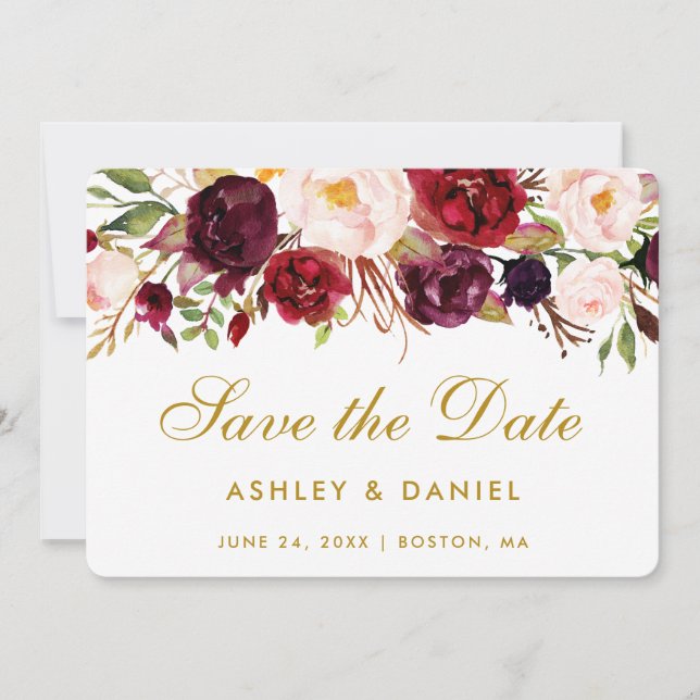 Save The Date Watercolor Floral Burgundy Gold (Front)