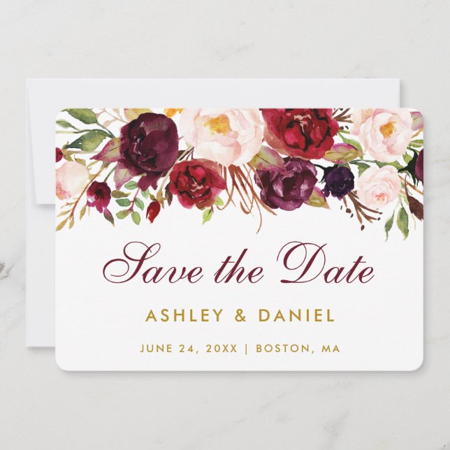 Save The Date Watercolor Floral Burgundy Gold B (Front)