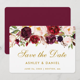 Save The Date Watercolor Floral Burgundy Gold GB