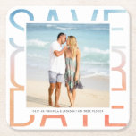 Save the Date Watercolor Ombre Photo Announcement Square Paper Coaster<br><div class="desc">Save the Date Photo Wedding Announcement.  Radiant stacked text in watercolor gradient beach colours with framed centred photo. Completely versatile do-it-yourself style layout. Easily adjust the size and placement of the photo and frame,  or change the font style and placement of custom text field in advanced Customise mode.</div>