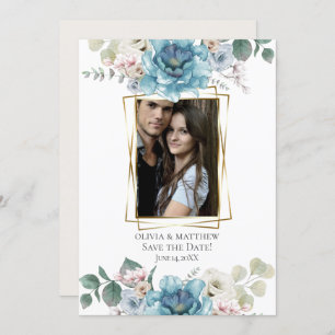 Save the Date Watercolor Teal Peony Flowers Invitation