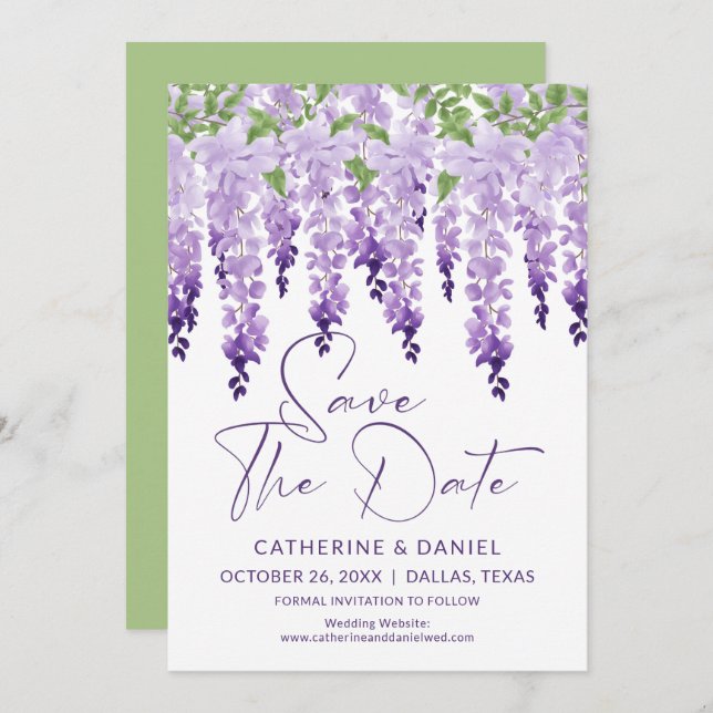 Save The Date Watercolor Wisteria Lilac Wedding (Front/Back)