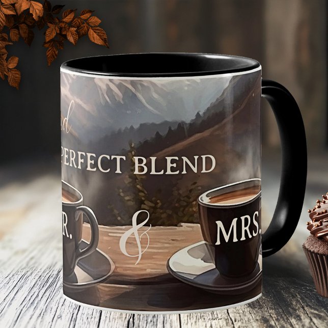 Save the Date Wedding Announcement Coffee Mug (Wedding Mr. and Mrs. mug featuring a painting of two coffee cups overlooking a mountain landscape)