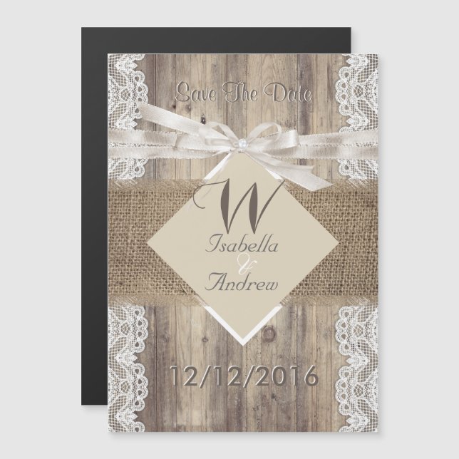 Save The Date Wedding Beige White Lace Wood Burlap Magnetic Invitation (Front/Back)