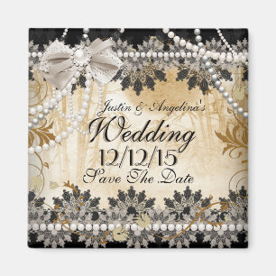 Save The Date Wedding Black Cream Beige Magnet