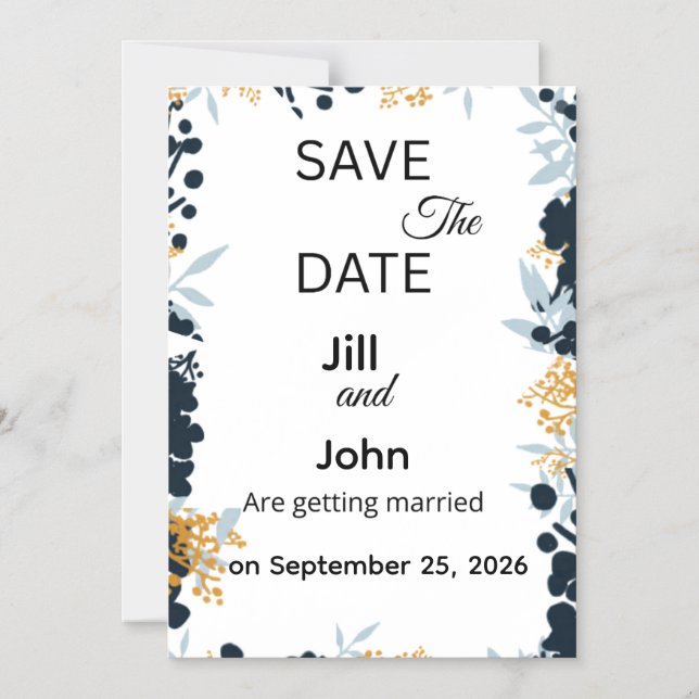 Save The Date Wedding Botanical Card Blue Gold (Front)