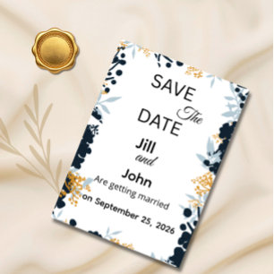 Save The Date Wedding Botanical Card Blue Gold