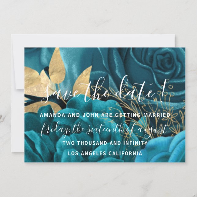 Save The Date Wedding Bride Floral Gold Blue Teal (Front)