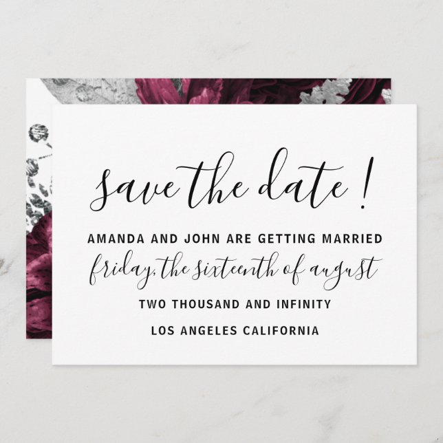 Save The Date Wedding Bride Roses White Burgundy  (Front/Back)