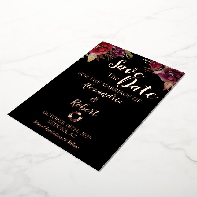 Save the Date Wedding Burgundy Flowers Rose Gold (Rotated)