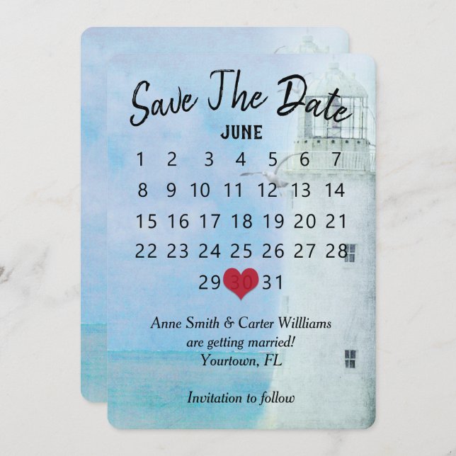 Save the Date Wedding Calendar Lighthouse Invitation (Front/Back)