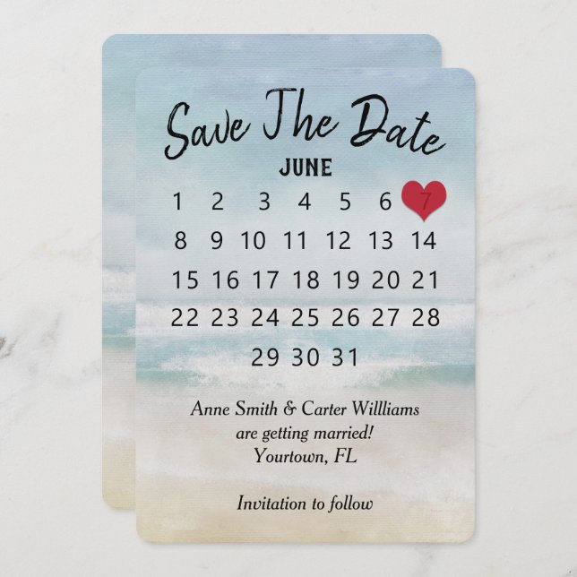 Save the Date Wedding Calendar Ocean Beach Invitation (Front/Back)