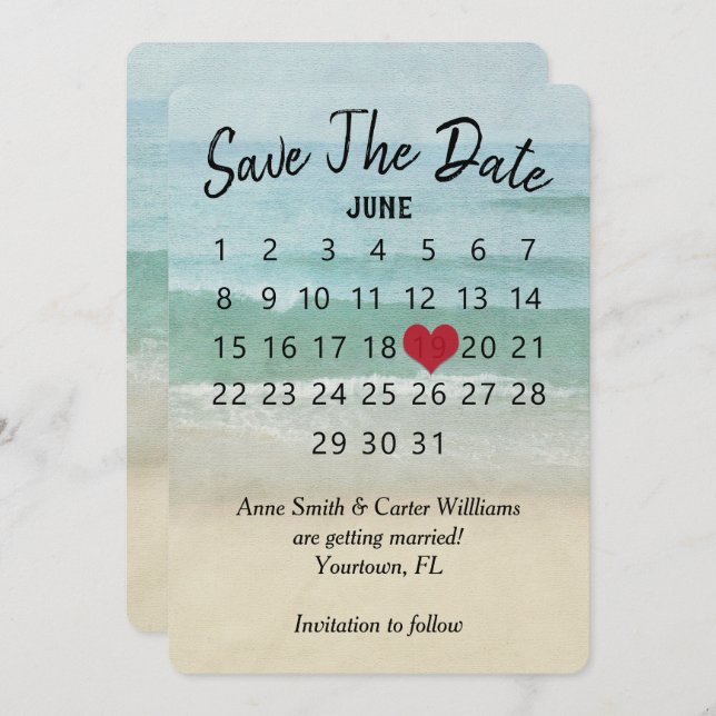 Save the Date Wedding Calendar Ocean Beach Invitation (Front/Back)