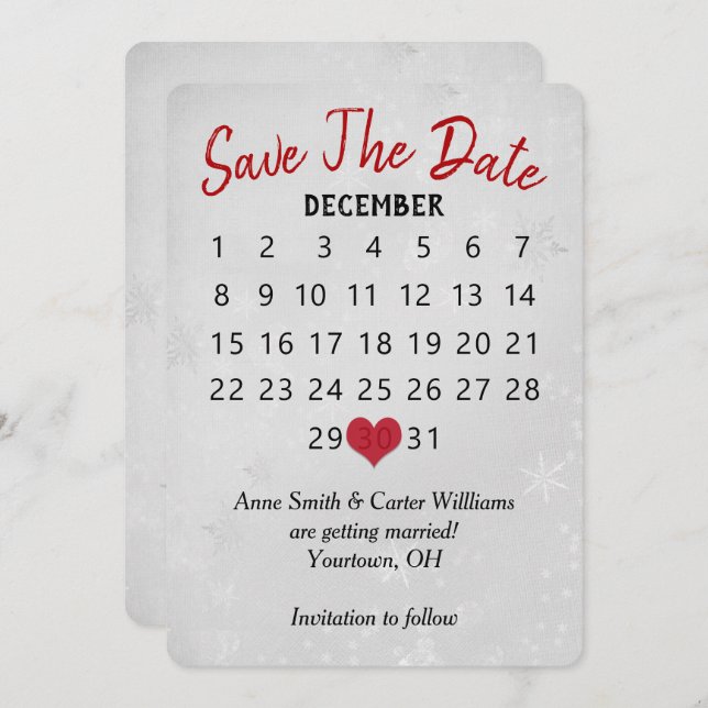 Save the Date Wedding Calendar Silver Snowflakes Invitation (Front/Back)