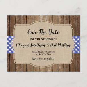 Save The Date Wedding Card Blue Gingham Burlap BBQ