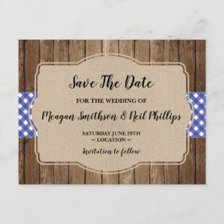 Save The Date Wedding Card Blue Gingham Burlap BBQ