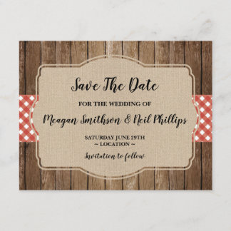 Save The Date Wedding Card Red Gingham Burlap BBQ