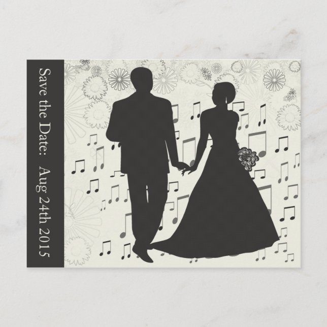 Save the Date, Wedding Couple Music Notes Postcard (Front)