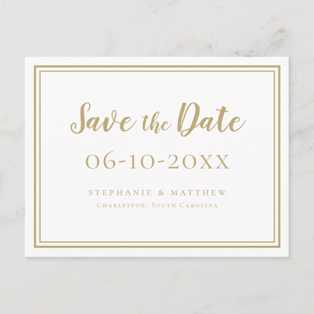 Save The Date Wedding Gold & White Simple Modern Announcement Postcard (Front)